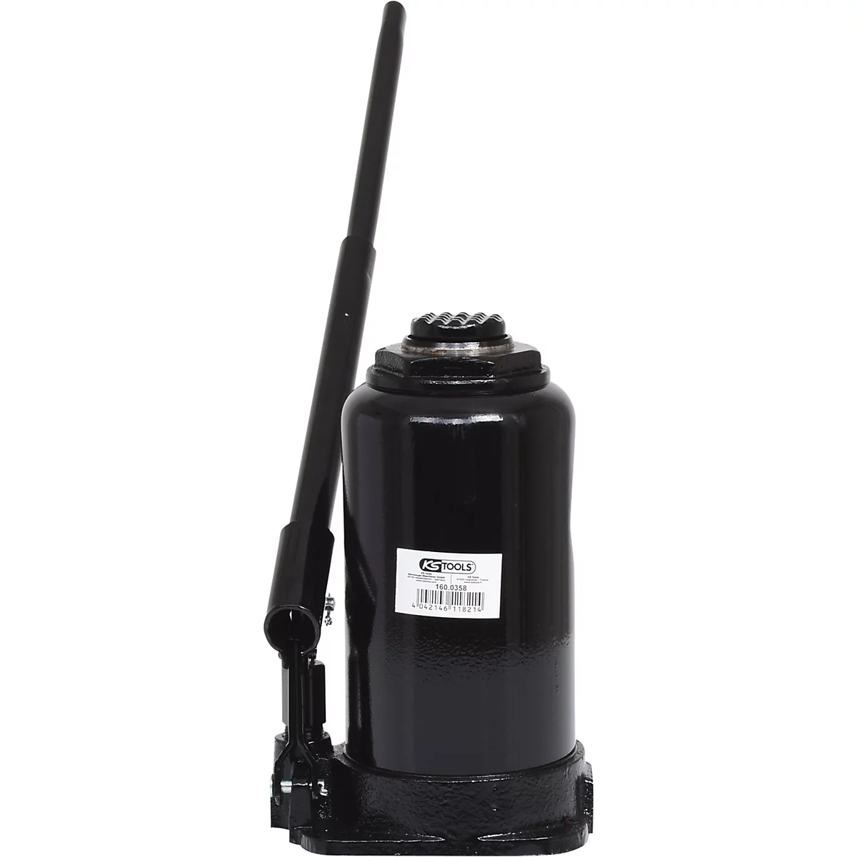 Schwarzer Wagenheber mit Hebel. Aufkleber mit Produktbezeichnung.